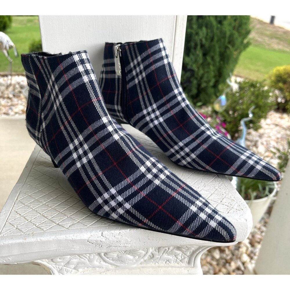 ZARA TRAFALUC Blue Plaid Textile Plaid Pointed Toe Ankle Booties Women’s Shoe 6